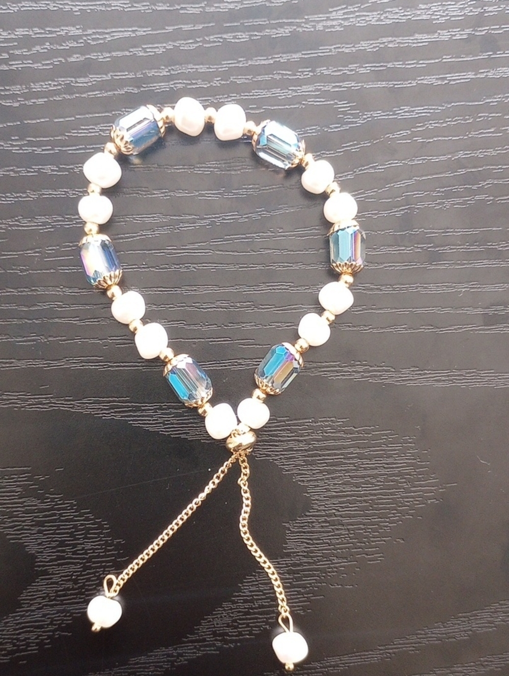 Elegant White Faux Pearl & Iridescent Blue Bead Bracelet